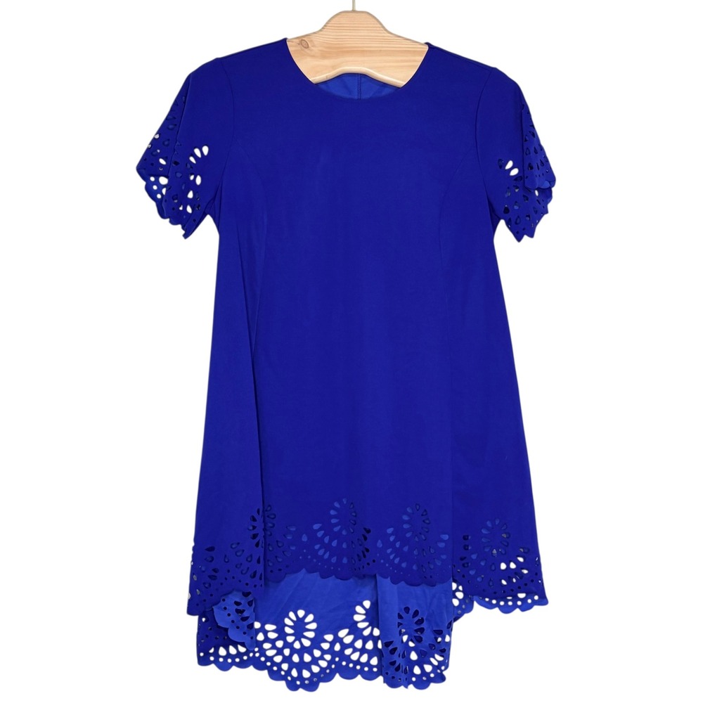 Shein Curve Dress 4XL Royal Blue Laser Cut Scalloped High Low Short Sleeve